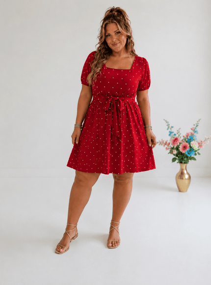 KissICON GIBSIE Plus Elegant Retro Polka Dot Puff Sleeve Belted Swing Dress