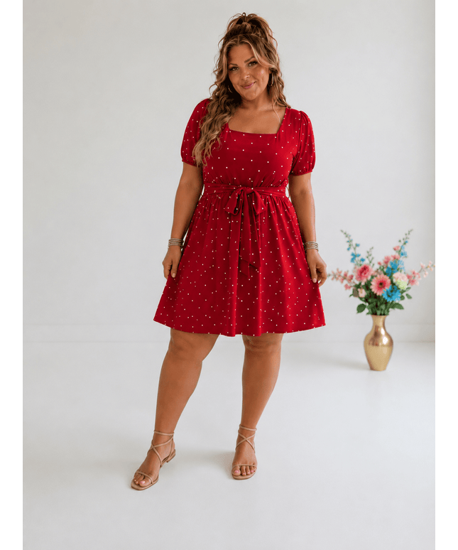 KissICON GIBSIE Plus Elegant Retro Polka Dot Puff Sleeve Belted Swing Dress