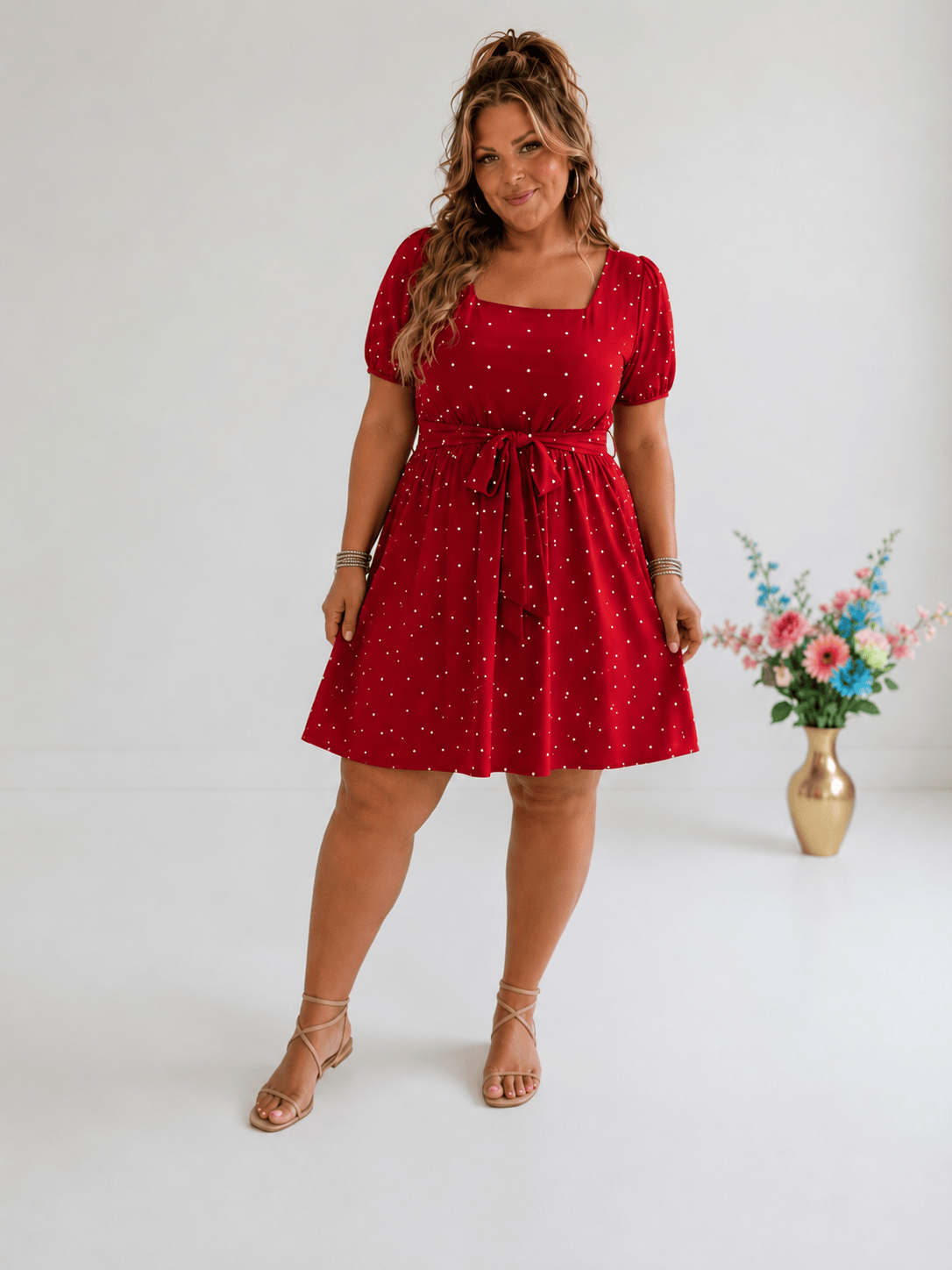 KissICON GIBSIE Plus Elegant Retro Polka Dot Puff Sleeve Belted Swing Dress