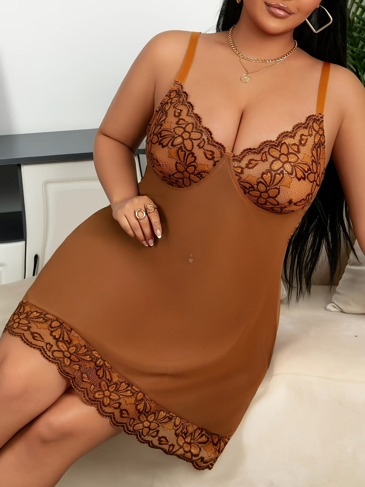 jkthpu-45 Glamorous Brown Plus Size Women'S Sexy Backless Slip Dress - Floral Lace Detail, Polyester, Medium Support, No Belt, Perfect for Adult Entertainment