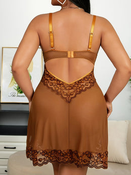 jkthpu-45 Glamorous Brown Plus Size Women'S Sexy Backless Slip Dress - Floral Lace Detail, Polyester, Medium Support, No Belt, Perfect for Adult Entertainment