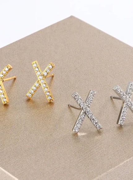 KissICON Gleaming 925 Silver Plated X Cross Diamond Stud Earrings