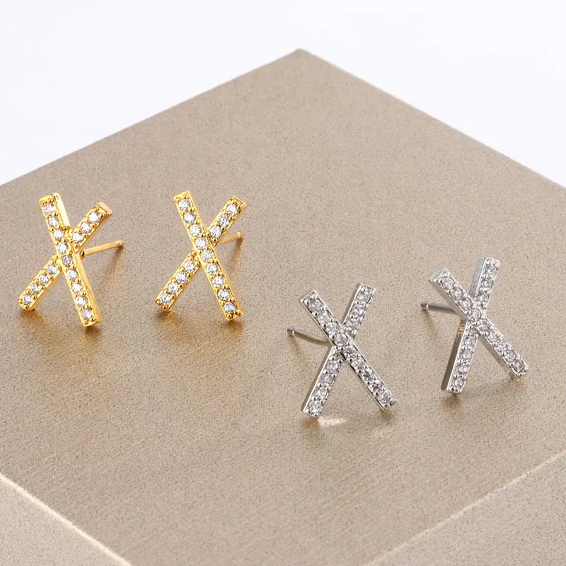 KissICON Gleaming 925 Silver Plated X Cross Diamond Stud Earrings
