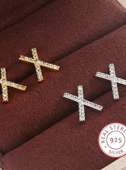 KissICON Gleaming 925 Silver Plated X Cross Diamond Stud Earrings