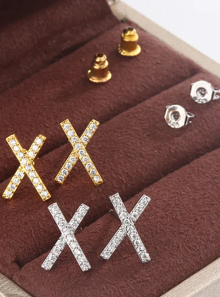 KissICON Gleaming 925 Silver Plated X Cross Diamond Stud Earrings