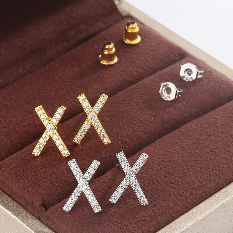 KissICON Gleaming 925 Silver Plated X Cross Diamond Stud Earrings