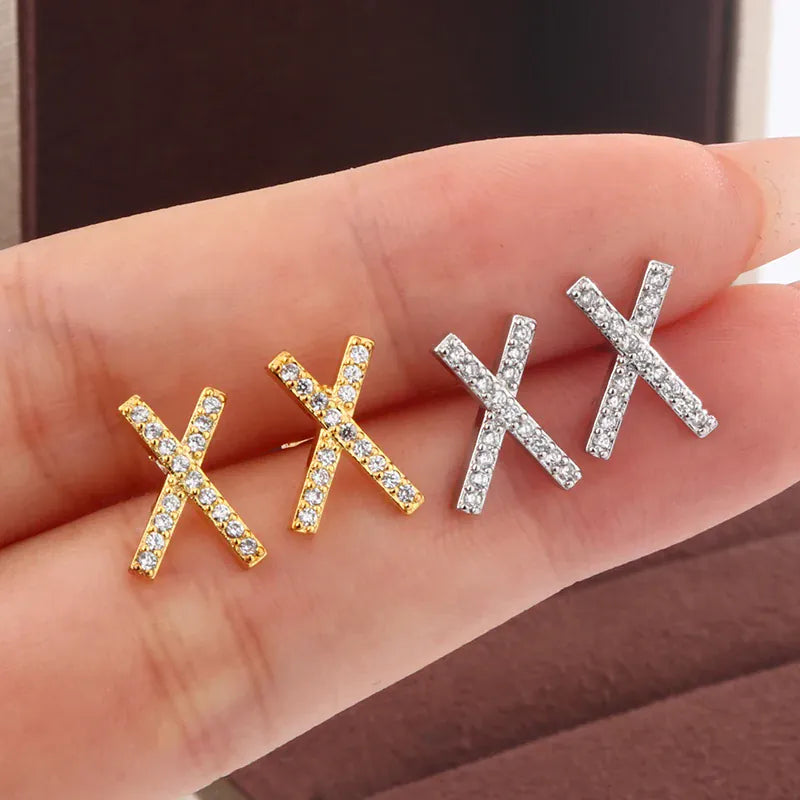 KissICON Gleaming 925 Silver Plated X Cross Diamond Stud Earrings