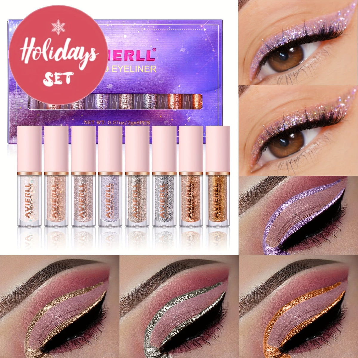 KissICON Glitter Eyeliner Set 8-Colors Sparkle 8color Longlasting Waterproof Glitter Eyeliner Set