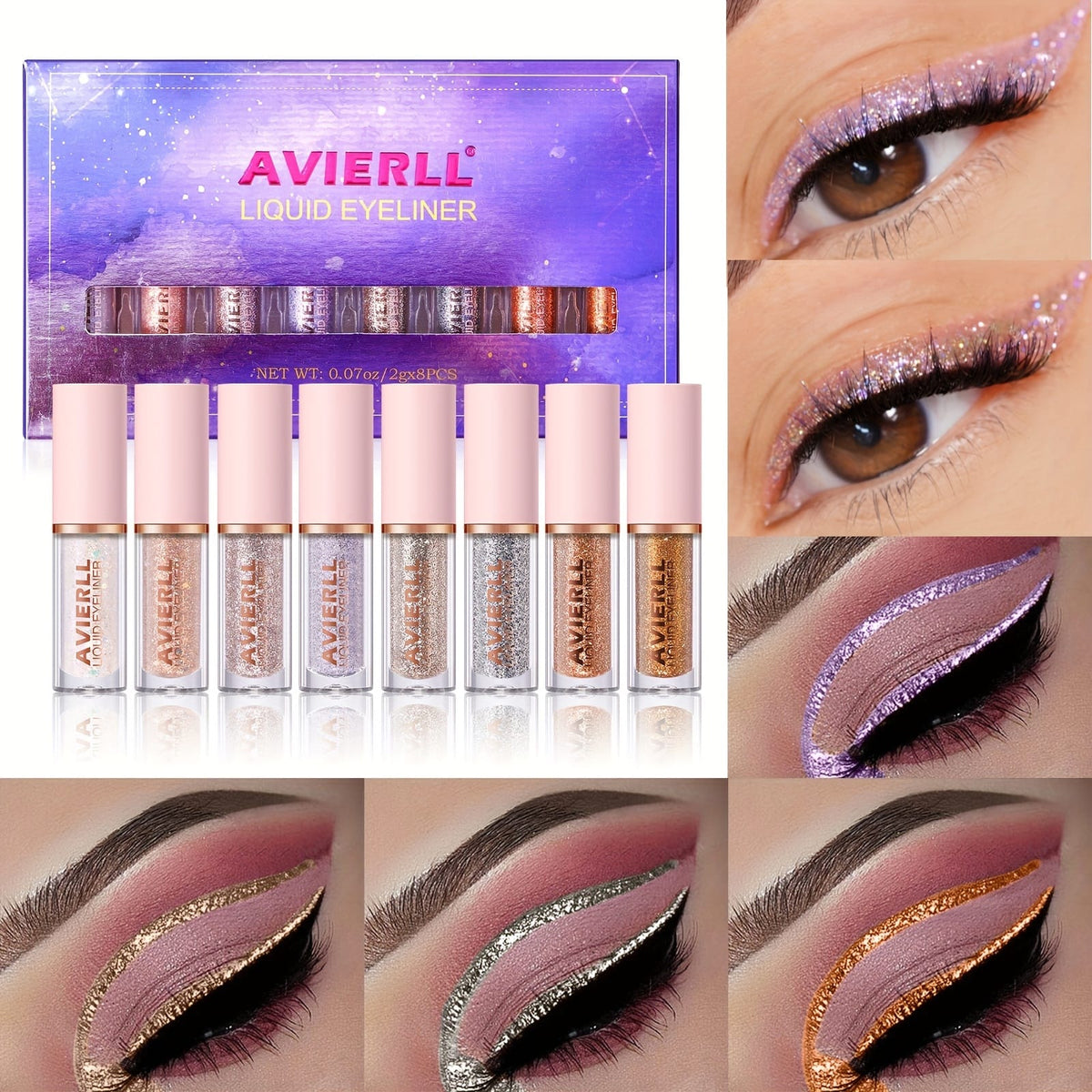 KissICON Glitter Eyeliner Set 8-Colors Sparkle 8color Longlasting Waterproof Glitter Eyeliner Set