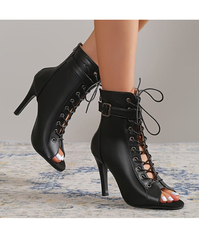 jkthpu-45 Glossy Black Gothic Punk Stiletto Heels with Ankle Strap