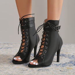 jkthpu-45 Glossy Black Gothic Punk Stiletto Heels with Ankle Strap
