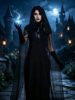 KissICON Gloves Gothic Witch Long Dress Costume with Cape and Gloves