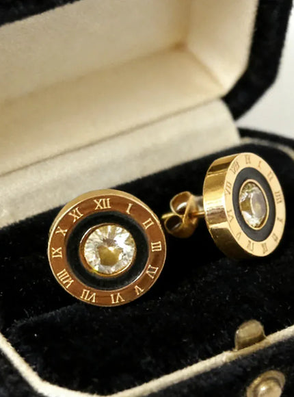 KissICON Earrings Gold 12mm Roman Numeral CZ Stud Earrings in Stainless Steel