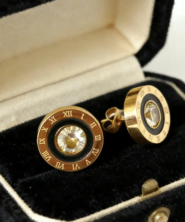 KissICON Earrings Gold 12mm Roman Numeral CZ Stud Earrings in Stainless Steel