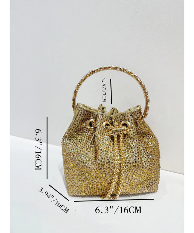 Dropshipman Gold / (20cm<Max Length<30cm) Luxury Designed Rhinestone Handbag Bling Handbags Women Brand PU Leather Metal Totes Modern Diamond Top Handle Drawstring Bag