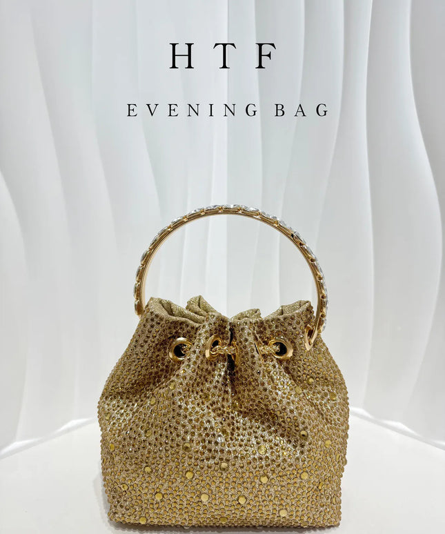 Dropshipman Gold / (20cm<Max Length<30cm) Luxury Designed Rhinestone Handbag Bling Handbags Women Brand PU Leather Metal Totes Modern Diamond Top Handle Drawstring Bag