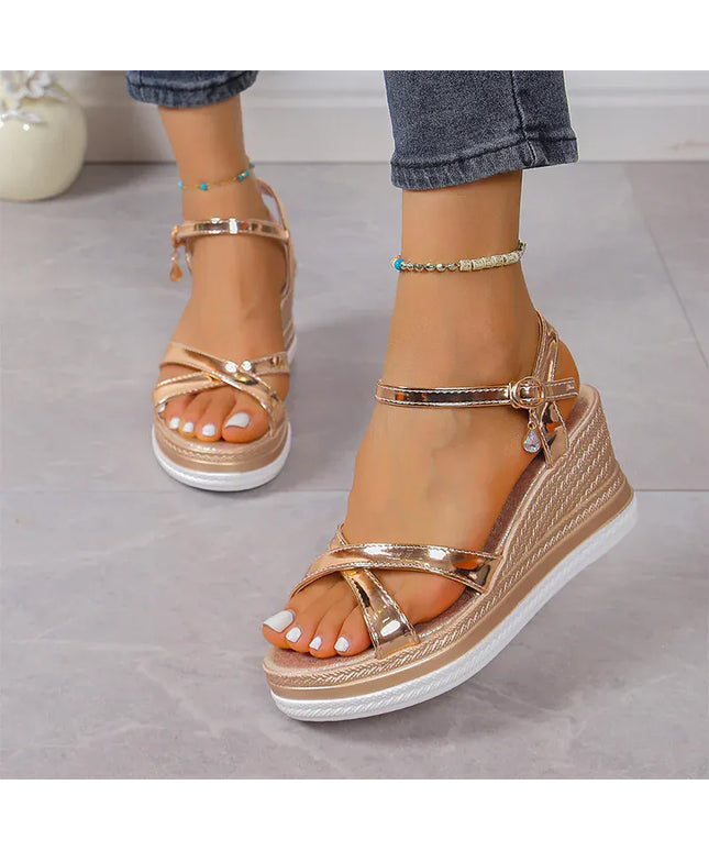 KissICON Gold / 35 Gold Silver Pu Leather Wedges Sandals for Women
