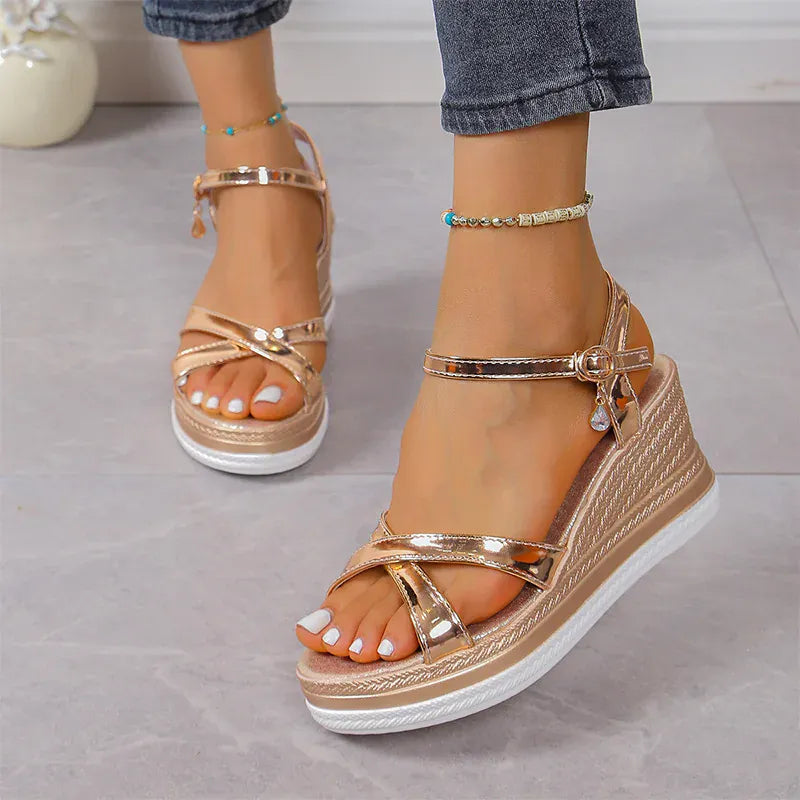KissICON Gold / 35 Gold Silver Pu Leather Wedges Sandals for Women