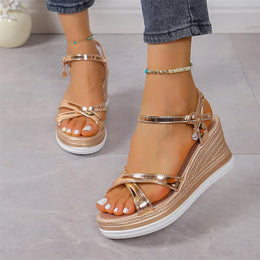 KissICON Gold / 35 Gold Silver Pu Leather Wedges Sandals for Women