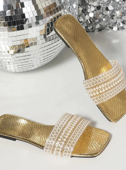 KissICON Gold / 35 Women's Flat Bottom Sandals 2025 Summer New Style Beaded Rhinestone Shoes Womens Outdoor Fashion Slippers