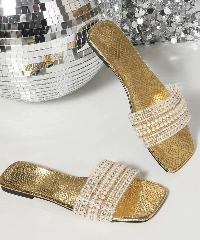 KissICON Gold / 35 Women's Flat Bottom Sandals 2025 Summer New Style Beaded Rhinestone Shoes Womens Outdoor Fashion Slippers