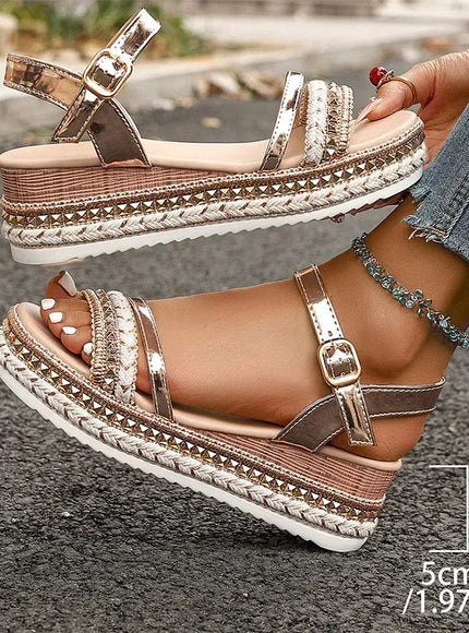 KissICON Gold / 36 Luxury Gold Pu Leather Wedges Sandals Women Rivet