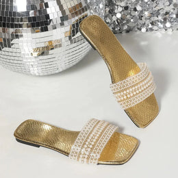 KissICON Gold / 36 Women's Flat Bottom Sandals 2025 Summer New Style Beaded Rhinestone Shoes Womens Outdoor Fashion Slippers
