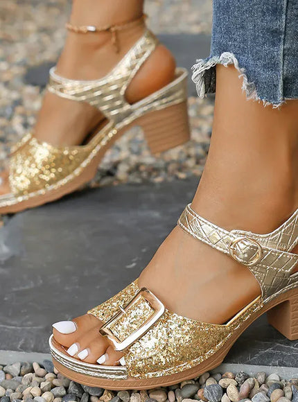 KissICON Gold / 36 Women's Shiny Sequin Gold High Heels Sandals 2025