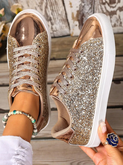Dropshipman Gold / 37 Women Sneakers Bling Golden Shoes Casual Female Breathable Sneakers Lace Up Outdoor Sport Women Vulcanize Shoes Zapatos De Mujer