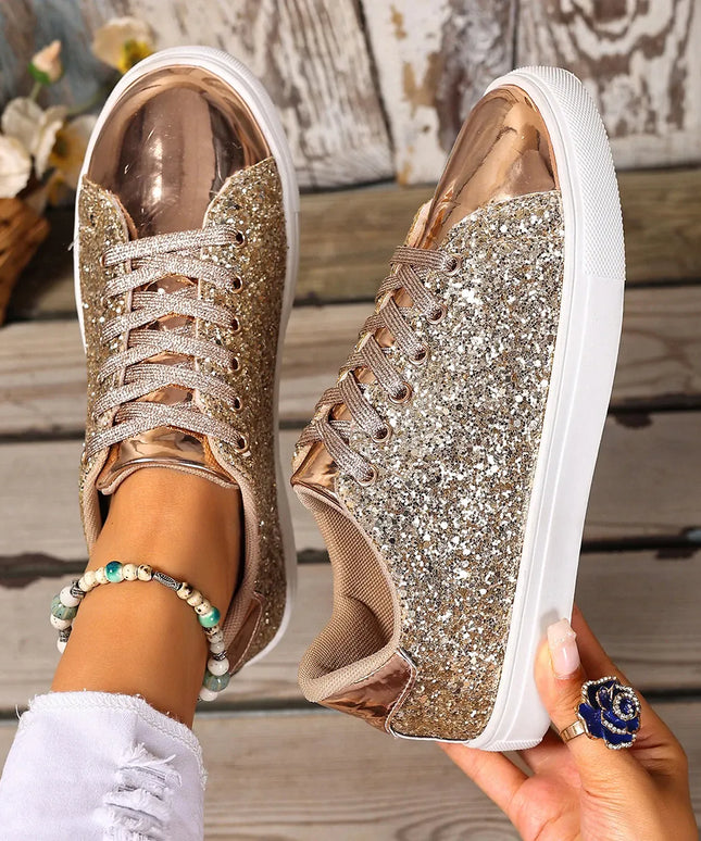 Dropshipman Gold / 37 Women Sneakers Bling Golden Shoes Casual Female Breathable Sneakers Lace Up Outdoor Sport Women Vulcanize Shoes Zapatos De Mujer