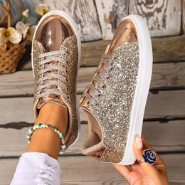 Dropshipman Gold / 37 Women Sneakers Bling Golden Shoes Casual Female Breathable Sneakers Lace Up Outdoor Sport Women Vulcanize Shoes Zapatos De Mujer