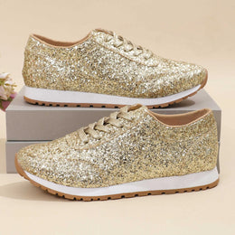 Dropshipman Gold / 38 Women Flat Glitter Sneakers Casual Bling Vulcanized Shoes Female Mesh Lace Up Platform Comfort Plus Size Fashion Ladies Autumn