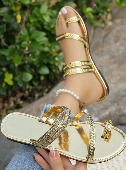 KissICON Gold / 39 Gold Patent Leather Flat Sandals Women Plus Size