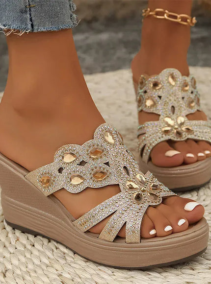 KissICON Gold / 43 Large Gold Jewel Decor Wedges Sandals for Women