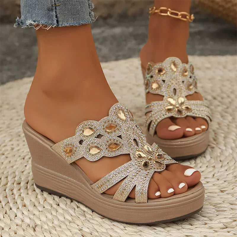 KissICON Gold / 43 Large Gold Jewel Decor Wedges Sandals for Women