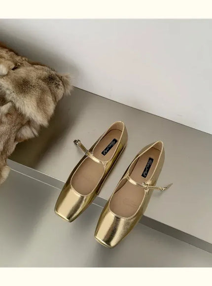 KissICON Gold / 44 Retro Square Toe Shallow Mouth Silver Flat Shoes