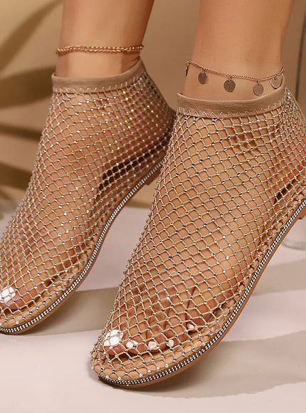 KissICON Gold / 44 Shiny Crystal Solid Flat Sandals for Women Breathable
