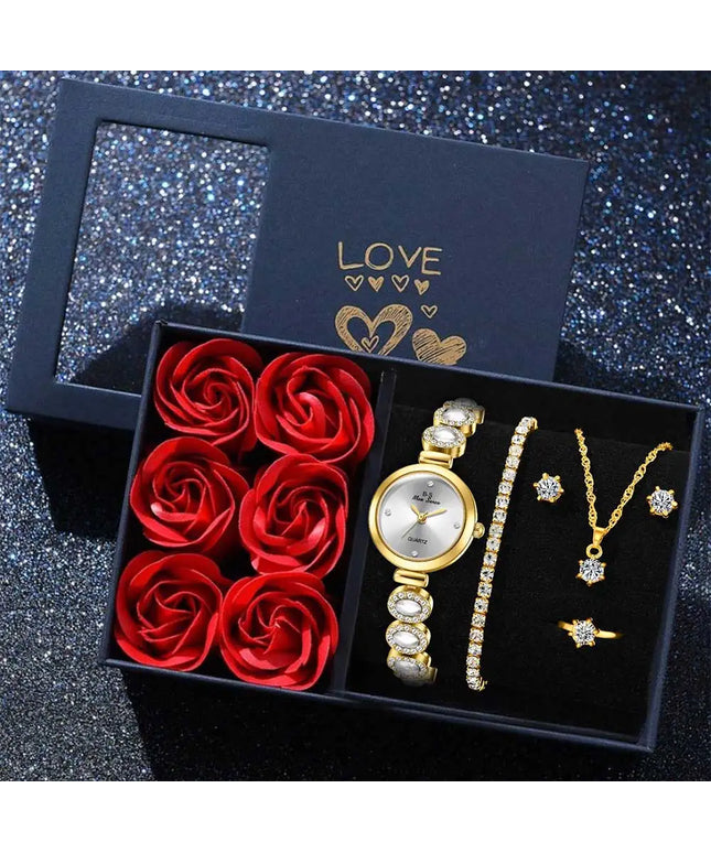 jkthpu-45 Gold 💋 6PCS Womens Watch Set Round Dial Quartz - Gift Set