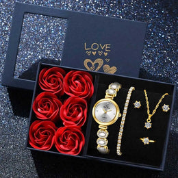 jkthpu-45 Gold 💋 6PCS Womens Watch Set Round Dial Quartz - Gift Set