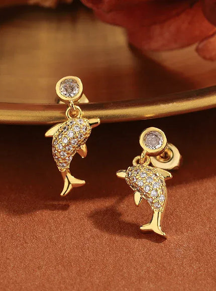 KissICON Gold Creative 925 Silver-plated Women's Earrings, Exquisite Dolphin-shaped Stud Earring Fashionable Anniversary Gift Zircon Earrings