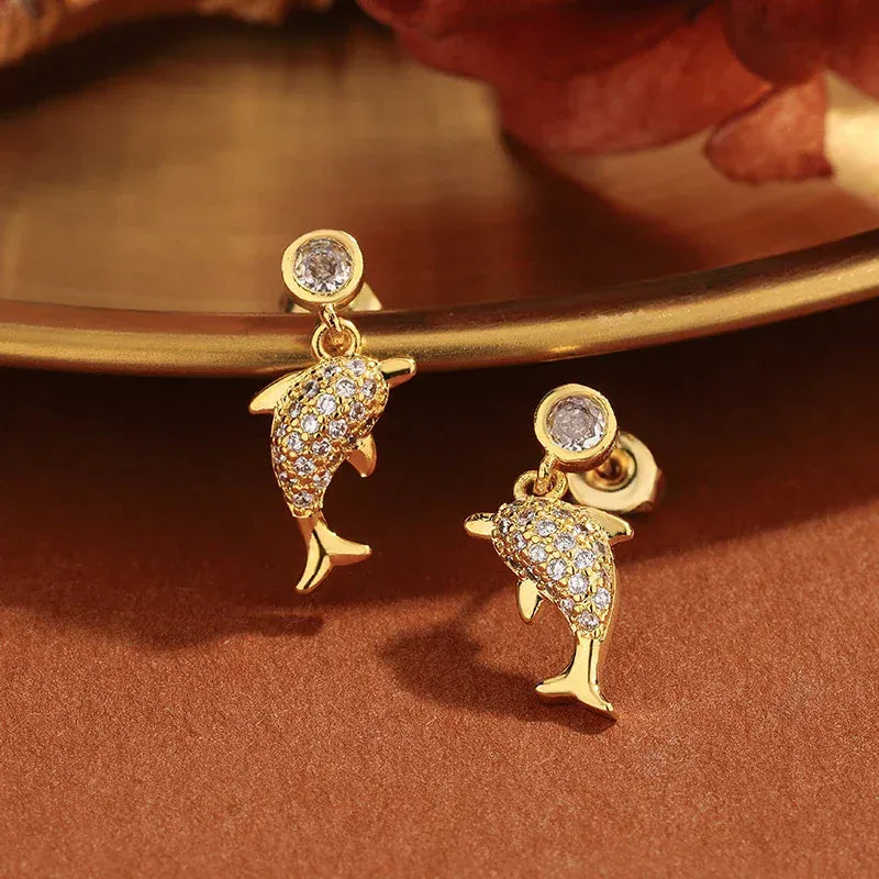 KissICON Gold Creative 925 Silver-plated Women's Earrings, Exquisite Dolphin-shaped Stud Earring Fashionable Anniversary Gift Zircon Earrings