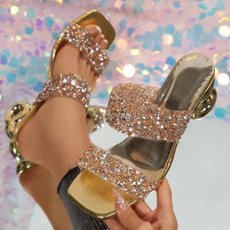 KissICON Gold Metal Heels Slippers Women 2025 Summer Fashion