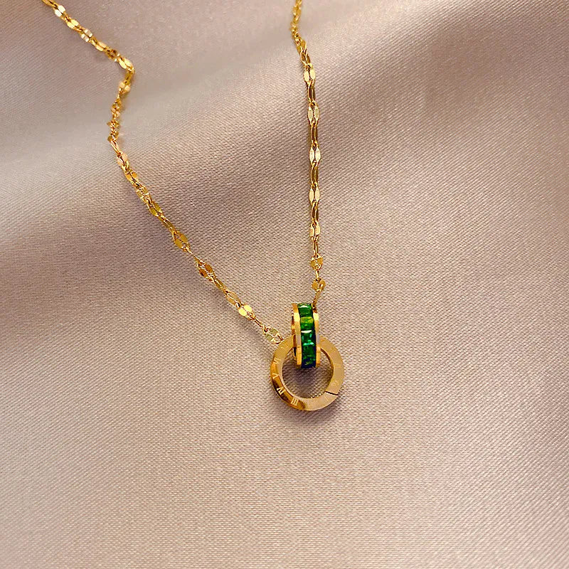 KissICON Gold / MULTI / 45cm Double Ring with Green Diamonds 18k Yellow Gold Pendant Necklaces for Women Clavicle Chain Gold Necklace Fine Gold Jewelry Gifts