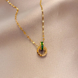 KissICON Gold / MULTI / 45cm Double Ring with Green Diamonds 18k Yellow Gold Pendant Necklaces for Women Clavicle Chain Gold Necklace Fine Gold Jewelry Gifts