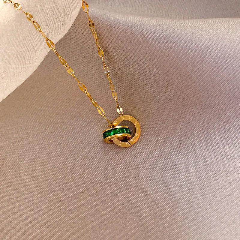 KissICON Gold / MULTI / 45cm Double Ring with Green Diamonds 18k Yellow Gold Pendant Necklaces for Women Clavicle Chain Gold Necklace Fine Gold Jewelry Gifts