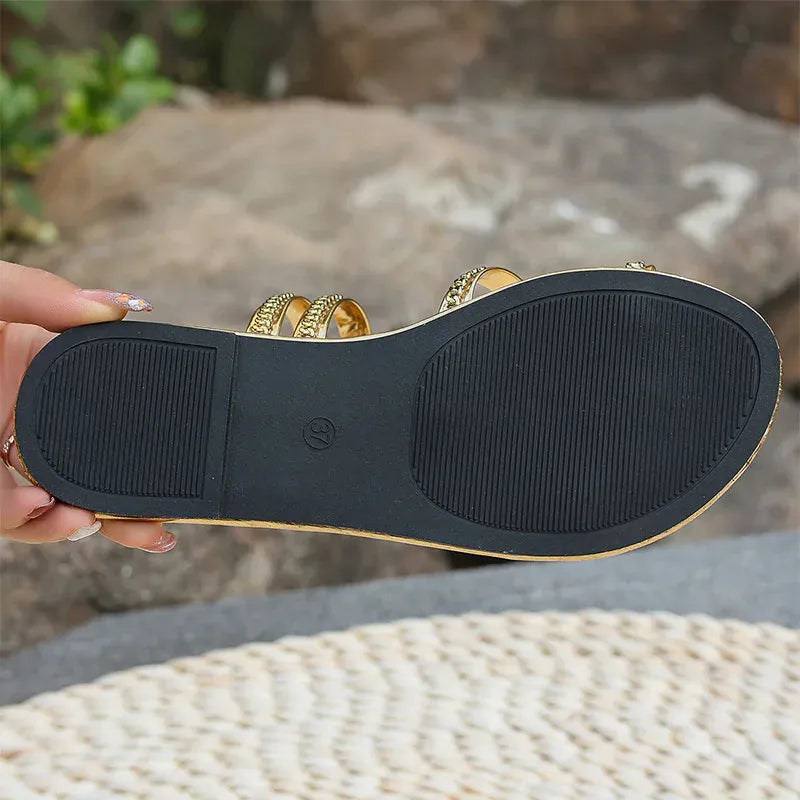 KissICON Gold Patent Leather Flat Sandals Women Plus Size