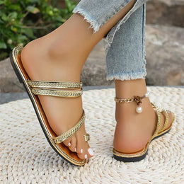 KissICON Gold Patent Leather Flat Sandals Women Plus Size