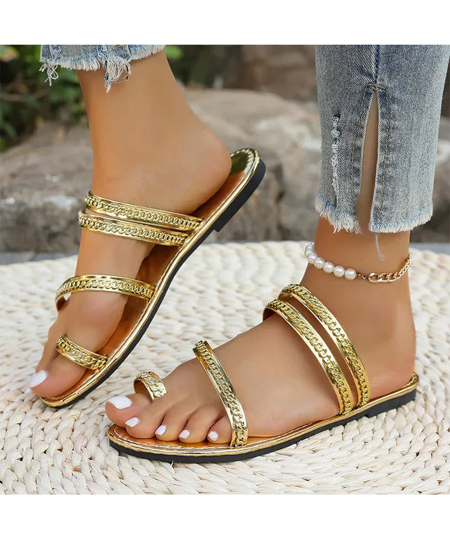 KissICON Gold Patent Leather Flat Sandals Women Plus Size