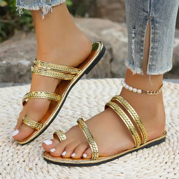 KissICON Gold Patent Leather Flat Sandals Women Plus Size