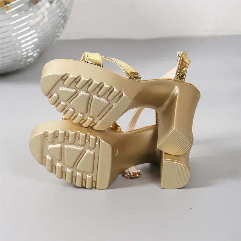 KissICON Gold Patent Leather Super High Heels Sandals Cross